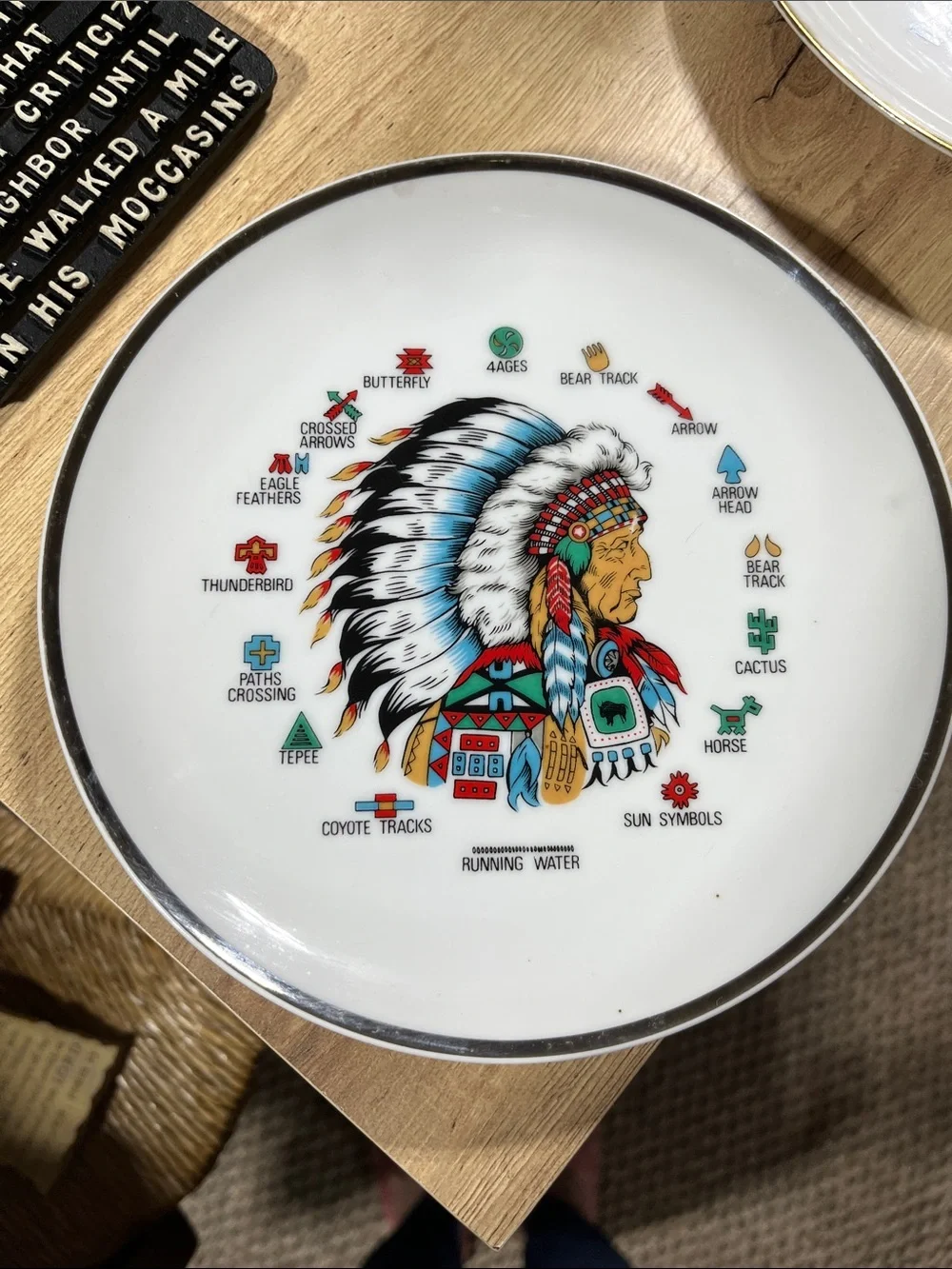 1965 Native Headdress Decorative Plate - White with Multi-Color Motif